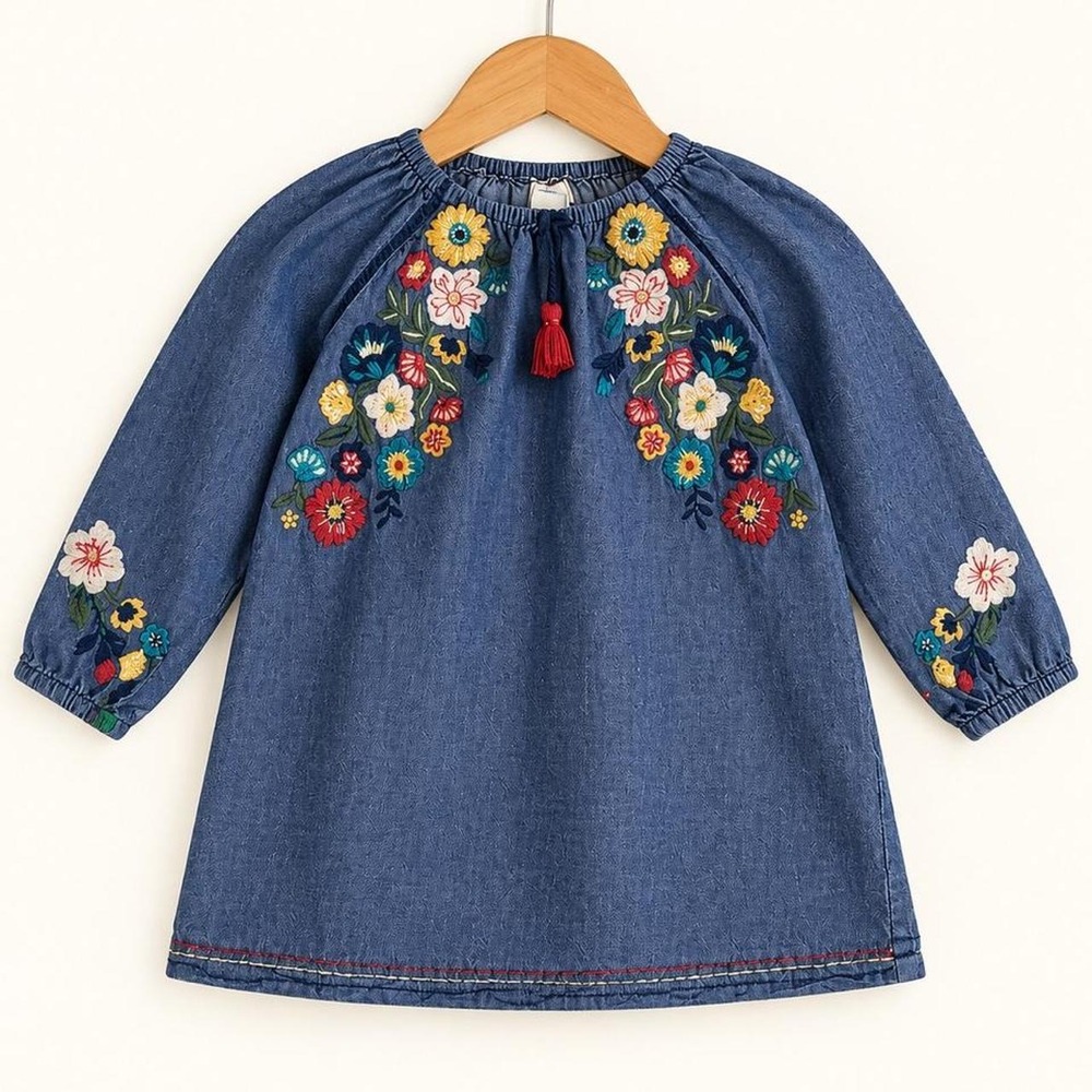 Mud Pie Girls Embroidered Chambray Floral Dress Tunic Blue 4T Boho Boutique